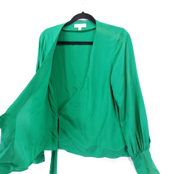 Intermix Silk Wrap Blouse Size 4 Green Long Sleeve Button Wrist - Picture 3 of 14
